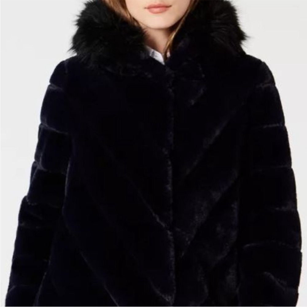 Calvin Klein Faux Fur Reversible Coat with Fox Trimmed Hood